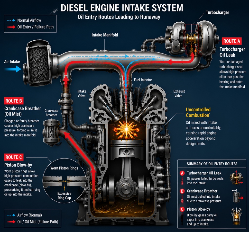 Diagram showing what causes a diesel motor to run away through oil intake
