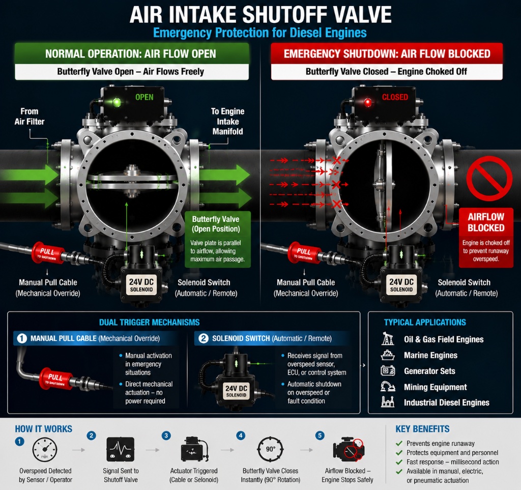 How an air shutoff valve stops what causes a runaway diesel engine
