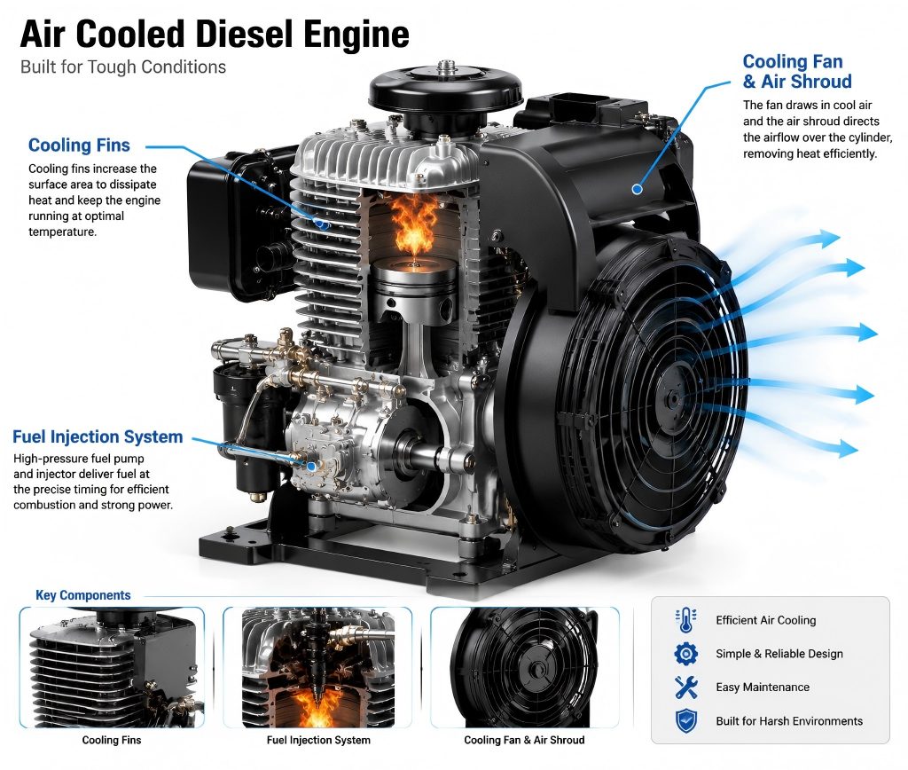 Main cooling parts of an air cooled diesel engine