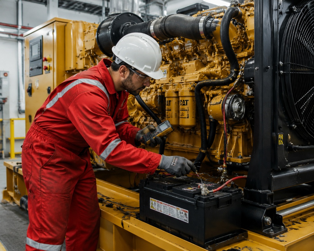 Technician inspecting battery for diesel engine start problems on CAT generator