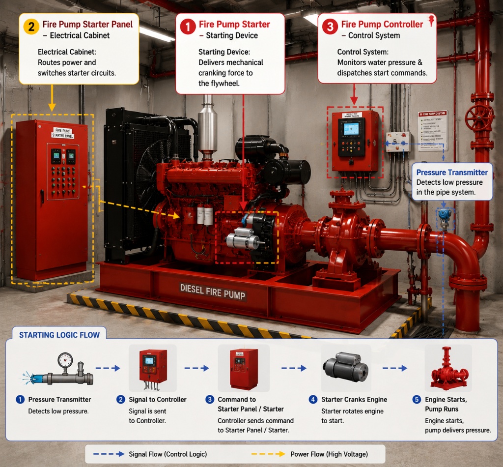 Fire pump starter, starter panel, and controller layout and logic flow